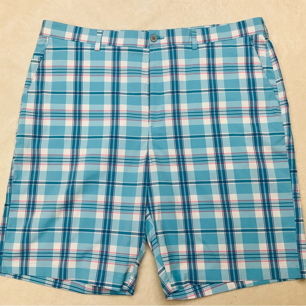 JACK NICKLAUS GOLF Bold Blue Pink White Plaid Flat Front Performance Shorts